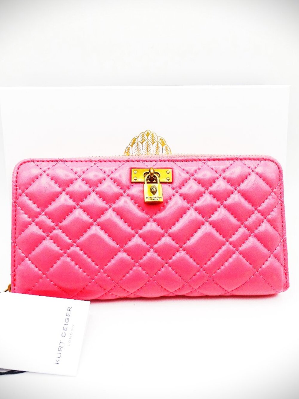 KURT GEIGER LONDON Brixton Quilted Pink Combo Color Leather Zip Around Wallet